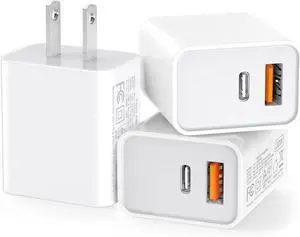 3 Pack USB C Wall Charger, 20W Durable Dual Port QC+PD 3.0 Power Adapter, Double Fast Plug Charging Block for iPhone 13/14/15/16/16 Pro/Pro Max/Plus, XS/XR/X, Watch Series 8/7 CubeWhite
