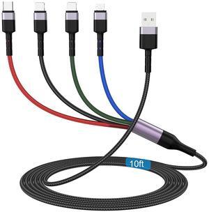 MTAKYI 3M/10Ft Multi 4 in 1 USB Universal iPhone Charging Cable,Lightning2+Type C+Micro USB Long Nylon Braided Phone Charger Cord Connector Adapter for Android/Apple/iOS/Samsung/LG/Huawei/XiaoMi
