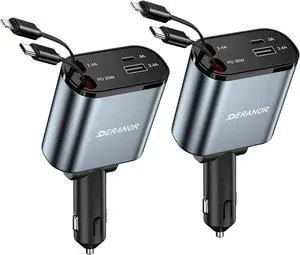 [2 Pack] Retractable Car Charger 4 in 1 Fast Car Phone Charger 69W, USB C Car Truck Accessories Adapter with 2X Retractable Charger Cords and 2X USB Ports for i Phone 16/15/14/13, for Samsung S25/S24