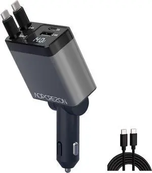 Retractable Car Charger Adapter,120W Fast Charger for Car, Car Phone Charger with Cables(2.6ft),180° Adjustable,Voltage Display (Grey)