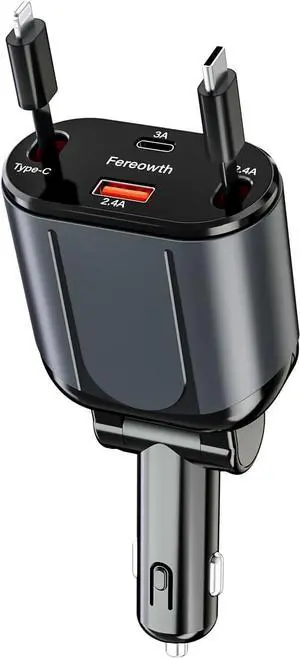 Retractable Car Charge 4 in 1 Fast Car Phone Charger Adapter PD 63W Phone Retractable Cables (31.5 inch) and 2 USB Ports Car Charger Compatible with iPad  Pixe iPhone 15/14/13 Black