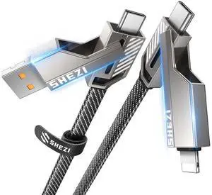 4-in-1 USB C Cable 45W 5FT Compatible with Lightning Cable [Fast Charging & Data Transfer] Flat Nylon Braided for iPhone iPad Charger Cord, Multi Charge Wire Combo with L/Type C/USB A Port