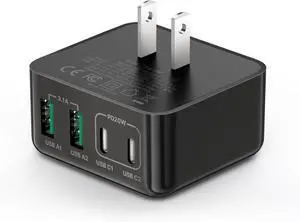 USB C Charger Block, 40W 4-Port Fast Charger 20W Type C Charging Block 3.1A USB Wall Charger Dual Port PD+QC Charging Cube for iPhone 16 15 14 13 12 Pro Max XS, iPad, Samsung Phone (Black Compact)