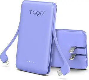 TG90° Portable Phone Charger Ultra Mini Power Bank with Built-in Foldable AC Wall Plug and Cables,5000mAh External Battery Pack Compatible with iPhone and Android Smart Devices