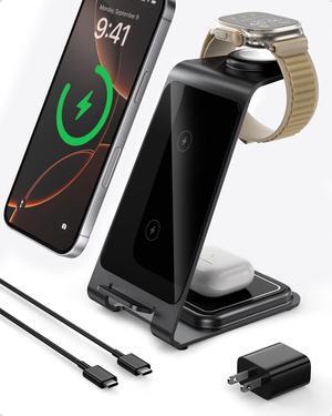 Intoval 3 in 1 Wireless Charging Station for iPhone 16 Pro/16/16 Pro Max/15 Pro/15/15 Pro Max/14 Pro/14/14 Pro Max, for Apple Watch 10/Ultra 3/SE/9/8/7/6/5/4/3/2, for AirPods 4/Pro/Pro 2/3 (Y93, Grey)