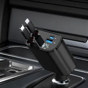 Retractable Car Charger, 4 in 1 Fast Charging Car Charger 60W, Compatible with iPhone 16 Car Charger, USB C Car Charger Adapter Compatible with iPhone 16 15 14 13 12 11 Pro Max