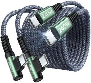 AINOPE 240W USB C to USB C Cable (6.6ft 2Pack Chubby Cable USB C) USB C to USB C Fast Charging Cable, Right Angle USB C Charger Cable for iPhone16 Charger Cord, MacBook Pro, iPad, Samsung Galaxy S25