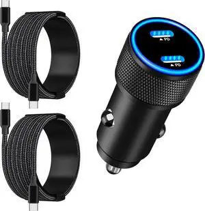 Apple MFi Certified iPhone Fast Charger, Linocell 90W Dual PD Car Power Cigarette Lighter USB-C Carplay Charger with 2Pack Type-C Braided Cable for iPhone 16/16 Pro/16 Pro Max/15/15 Pro/iPad