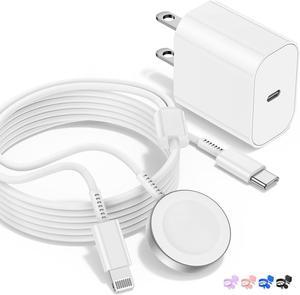 for Apple Watch Charger, 2 in 1 USB C Charger for iPhoneiWatch,Magnetic iWatch Fast Charging Cable 6ft with 20W Charger Block for Apple Watch Series Ultra 9 8 7 6 5 4 3 SEiPhone 14 13-White