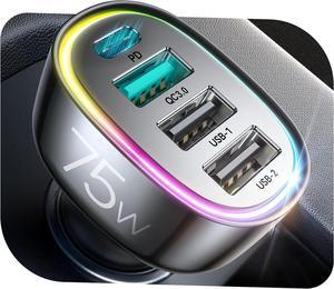 USB C Car Charger Cigarette Lighter Adapter, 75W 4-Port Fast Car Charger Fast Charging for iPhone16/15/14/13 Series, Samsung Galaxy S25/S24 Ultra, iPad Air, Google Pixel