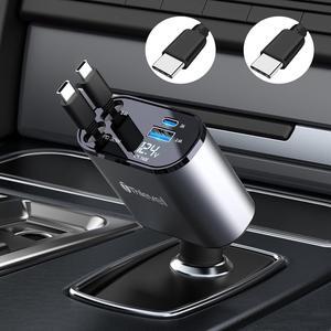 Retractable Car Charger 4 in 1 USB C Fast Charger with Dual Type-C Cables (31.5 inch) and 2 Charging Ports with Voltage Display Compatible with iPhone 16/15 Pro Max Samsung Galaxy Note
