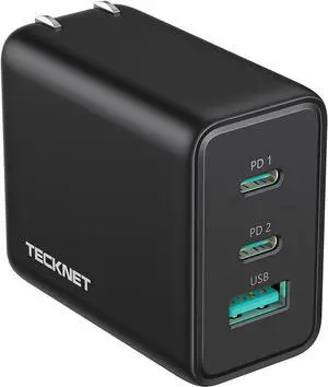 TECKNET USB C Fast Charger Block 65W PD 3.0 GaN Wall Charger,3-Port Foldable Travel Adapter for iPhone 16 Pro Max/16 Pro/16 Plus/16/15/Galaxy S24/S25/MacBook Pro/Switch and More Series(Black)