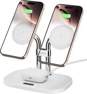 Wireless Charger for iPhone 16 15, SwanScout 706M, Dual Magnetic Charger for iPhone 14/13/12 Series, Charging Station for AirPods Pro 2, AirPods 4/3rd (White)
