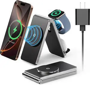 2025 Magnetic Wireless Mag-Safe Charging Station, 3 in 1 Fast Max Charging for iPhone 16 15 14 13 12 Pro Max Plus, Charger Stand for Apple Watch Series & Air pods 4 3 2 Pro, Gifts for Men