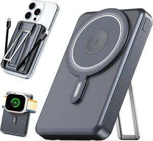 for Magsafe Portable Charger 10000mAh, Wireless Magnetic Power Bank for Apple Watch, 5 in 1 Fast Charging External Battery Pack with Cable and Stand for iPhone 16 Pro Max/15/14/13 Mini(Black)