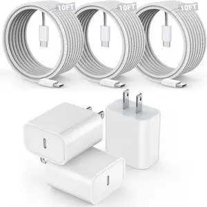 [3 Pack]Long 10FT iPhone 17 16e 15 Charger 20W Fast Wall Charger Block 10Foot USB C to C Braided Woven Cable Fast Charging for iPhone 17 Air/17 Pro/16 Pro/16 Pro Max/16 Plus/15/15 Plus/15 Pro Max/iPad
