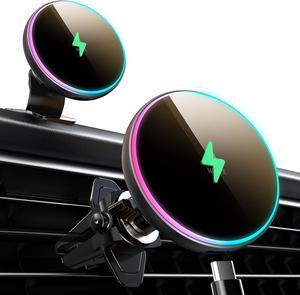 for Magsafe Car Mount Charger-15W Wireless Car Charger-Magnetic Car Phone Holder for Dash Air Vent-LED RGB HandsFree Car Mount Fast Car Charger for iPhone 14/13/12 Series