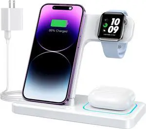 DUMTERR 3 in 1 Wireless Charger for iPhone 16/15/14/13/12,Wireless Charging Station for Apple Devices, Charging Stand for Apple Watch Series 10, for AirPods 4 (White)