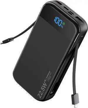 Portable Charger 32000mAh, 22.5W QC 3.0 PD 20W Smart LED Display Fast Charging Built in Cables MFi Certified Power Bank, External Battery Pack Charge 5 Devices Compatible with Cellphones (Black)