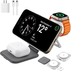 3 in 1 Foldable Magnetic Wireless Charger with Aluminum Alloy Stand, Mag Safe Charging Station Stand with PD 20W USB-C Adapter, for iPhone 16 15 14 13 12 Series, Apple Watch and AirPods, White