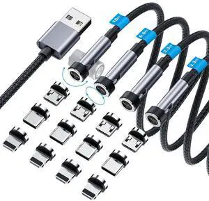540° Rotation Magnetic Charging Cable, 3 in 1 Magnetic Phone Charger [4-Pack, 3ft/3ft/6ft/10ft] 3A Fast Charging Cable Support Data Transfer USB Magnet Charger Cable for i-P/Micro USB/Type C Device