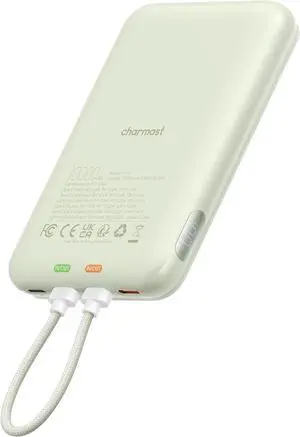 charmast 10000mAh Wired Portable Charger, 20W Fast Charging Slim Power Bank with Removable Cable for iPhone & Android, Hand-Free Battery Pack with Digital Display for Short Travel (No-Wireless)