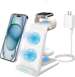 Wireless Charging Station for iPhone - 3 in 1 Charger Stand for iPhone 16 15 14 13 12 11 Pro Max Plus,Charging Dock for Apple Watch 8/7/SE/6/5/4/3/2,AirPods Pro/3/2(5 ft Cable&Adapter Included)
