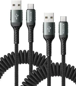 USB C Cable Coiled 3FT 2Pack, Braided USB A to Type C Charger Cable for Car 66W Fast Charging Cord Compatible with iPhone 16 15, iPad, Samsung Galaxy, Google Pixel, Moto, TCL, LG Phones