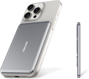 Magnetic Slim Portable Charger, 5000mAh Wireless Power Bank[Alloy-Made], S05 PD 20W Fast Charging USB C Battery Pack Compatible with MagSafe, iPhone 16/15 Series/14/13/12 Series, Titanium