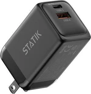 STATIK Fast-Charging GaN Power Adapter - 48W Dual USB C & USB - Foldable Compact Charger for iPhone, iPad, Samsung, Pixel - Smart Overheat Protection - Cable Not Included