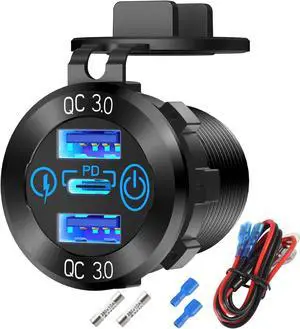 12V USB Aluminum Car Charger Socket PD 3.0 Type C and Dual Quick Charge 3.0 USB Port Multiple Waterproof 12V/24V USB Outlet with Touch Switch Fuse Wire Kit for Car Boat Marine RV Motorcycle, etc.