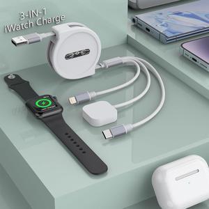 Multi 3-in-1 Retractable Universal Phones Charging Cable+Apple Watch Charger Cord,USB A to Lightning+Type C+iWatch Charger for iWatch Series8 7 6 5 SE/iPhone 14 13 12 Pro/Samsung/iPad and More (White)