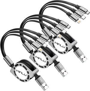 Retractable Charging Cable 3A, 3Pack 4Ft Multi Charging Cable Multi Fast Charger Cable 3 in 1 Multi USB Cable with IP/Type C/Micro USB Port for Cell Phones/Tablets/Samsung Galaxy/LG/Huawei/PS & More