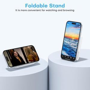 OMOTON Portable Charger Power Bank - 10000mAh Magnetic Fast Charging Battery Pack for iPhone 15 (Above 11 Series), LED Display Indicators and Foldable Stand- Gray White