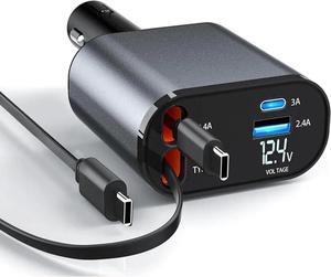 Retractable Car Charger4 in1 Fast Car Phone Charger with Dual Retractable Cables and 2 Charging Ports (Dual TypeC Retractable Cords)
