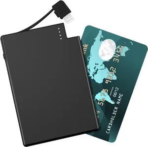 TNTOR Portable Phone Charger with Built in Lightning Cable, Credit Card Size Extra Slim Power Bank for Pocket Wallet Compatible with iPhone 14/13/12/11/X/8 Series (Not for iPhone 15 16 Series)