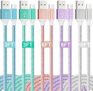 USB to USB C Cable, 5 Pack(3/3/6/6/10FT) 3.1A Colored Nylon Braided Type c Charger Fast Charging Android Phones for iPhone16/15,Samsung Galaxy S24 S23 S22, Google Pixel, LG, Moto G, Gray