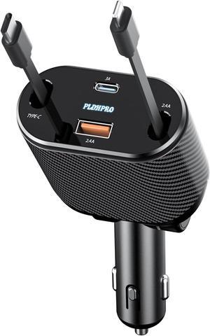 PLDHPRO Retractable Car Charger 4 in 1 62W Fast Charging Adapter Type-C with USB C iOS Cable for iPhone iPad Galaxy Pixel Android, Road Travel Essential Chargers Accessories