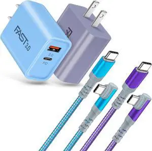 Fast Charging Wall Charger with Right-Angle USB C Cable 10FT, 2-Pack 20W USB C Power Adapter Dual Port Fast Charger Block+3A C to C Cable Fit for iPhone 16/15/14 /Samsung Galaxy S25 Ultra S24 S23 S10