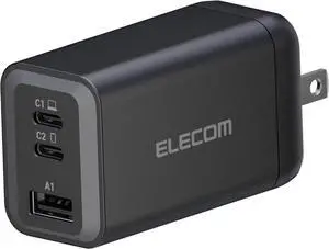 ELECOM 65W USB C Wall Charger Block, 3 Multi Port GaN II Plus Fast Charging, Compact Power Adapter for Multiple Devices, iPhone, Laptop, Tablet, iPad, Airpods, Watch, Speakers, Samsung (Black)