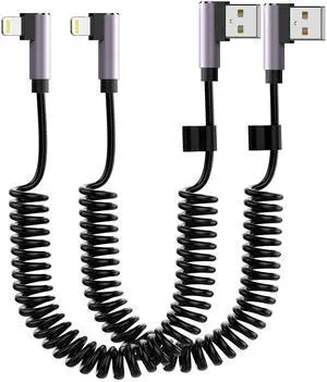 Coiled Lightning Cable, 90 Degree Short iPhone Charger Cord for Car, 2 Pack Apple Carplay Cable [MFi Certified], 3FT USB Lightning Cable for iPhone 14/13/12/11 Pro Max/XR/XS/X/8/7/iPad/iPod