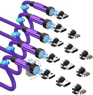 Magnetic Charging Cable [5-Pack,3/3/6/10/10FT] 3 in 1 Magnetic Phone Charger 360°&180° Rotating Magnetic Charger Cable with LED Light Nylon Braided Cord for Micro-USB/USB C and i-Product Device-Purple