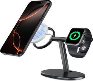 EWA 2-in-1 MagSafe Charging Stand for iPhone 16/15/14/13/12 & Apple Watch Series, SE, Ultra | Ergonomic Viewing Angle, Non-Slip Base, Universal Compatibility (Chargers Not Included) - Black