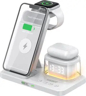 5 in 1 Foldable Wireless Fast Charger with Night Light Transparent Clock for Apple Devices for iPhone 16 15 14 13 12 11 Pro Max Apple Watch AirPods Series for Apple Watch for Airpods - White