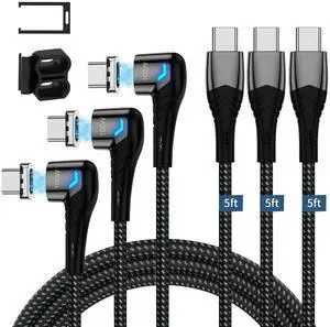 ZBF 100W USB C Magnetic Charging Cable, Right Angle Magnetic Phone Charger Cable(3 Pack, 5/5/5FT) 5A Fast Charging for MacBook Pro/Air, Pad Pro,Phone 17 16,14,13 Pro Max,MacBook Pro Pad Galaxy S22