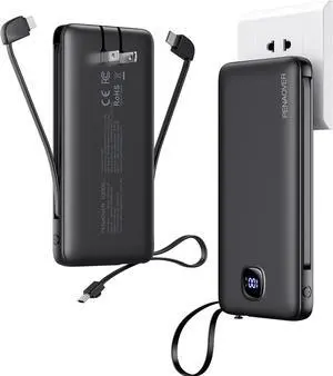 Portable Charger with Built-in Cables&AC Wall Plug,Slim 10000mAh 22.5W Fast Charging Power Bank,5 Output 2 Input USB-C External Battery Pack Compatible with iPhones,Samsung,Android, etc