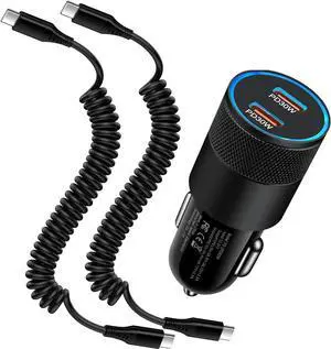 Type C Fast Car Charger for Samsung Galaxy S25 Ultra/S24/A55/A16/A15/A35/A54/S24 Ultra/S23,iPhone 16 Pro Max,Pixel 9 8,60W Dual USB-C Car Rapid Charger Adapter+2Pack 3FT Android Coiled USB C PD Cable