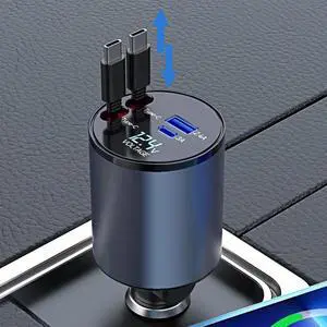 Retractable Car Charger - 4-in-1 Fast Car Phone Charger 120W Cigarette Lighter Dual USB C Car Chargers Adapter for iPhone 15 14 13 12 Pro Max iPad Android Galaxy S24 S23 Pixel Tablet