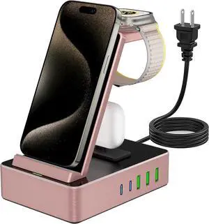 Aluminum Alloy 8 in 1 Wireless Charging Station USB C 20W Compatible with iPhone iWatch  (Pink)
