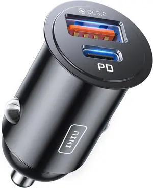 Car Charger, INIU Dual Ports [USB C 30W+USB A 30W] 5A QC 3.0 PD Fast Charge Car Charger Adapter, All-Metal Mini USB C Car Charger for iPhone 16 15 14 13 Pro Max iPad Samsung S21 Airpods Tablets